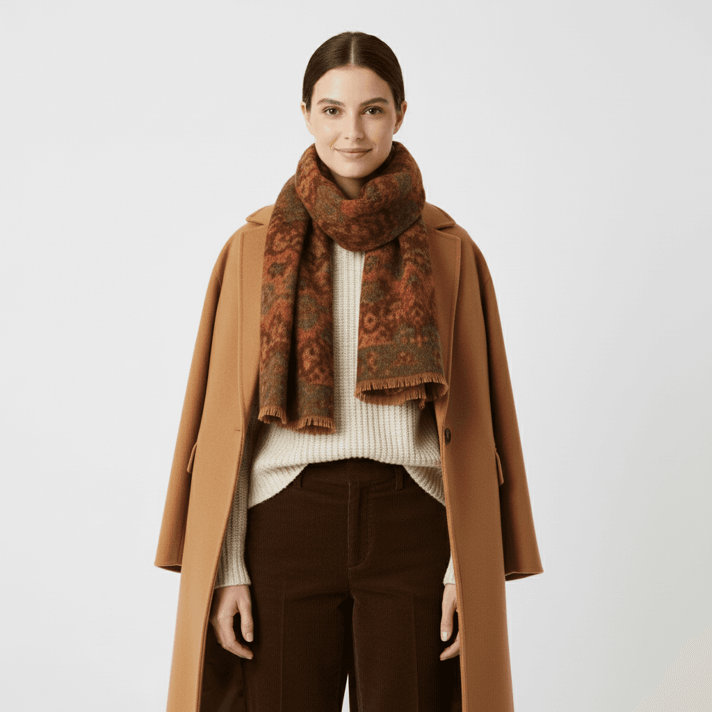 AI outfit swap preset – Seasonal campaign coat and scarf outfit