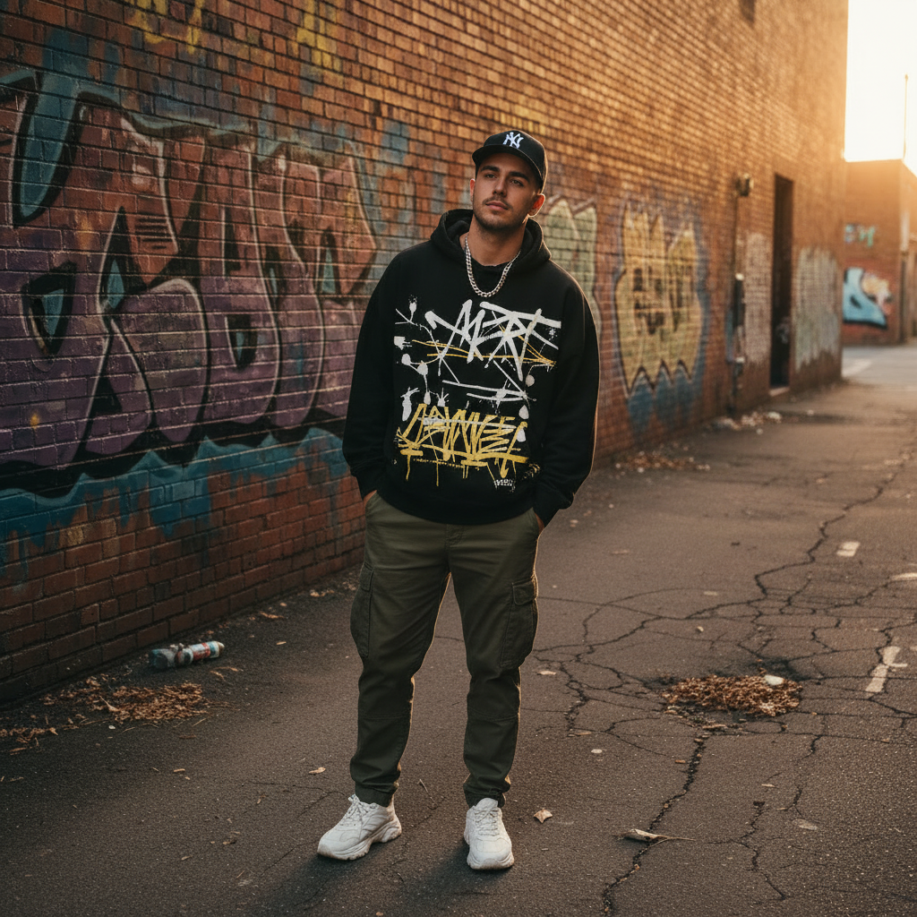 Same person in trendy streetwear after AI clothes swap