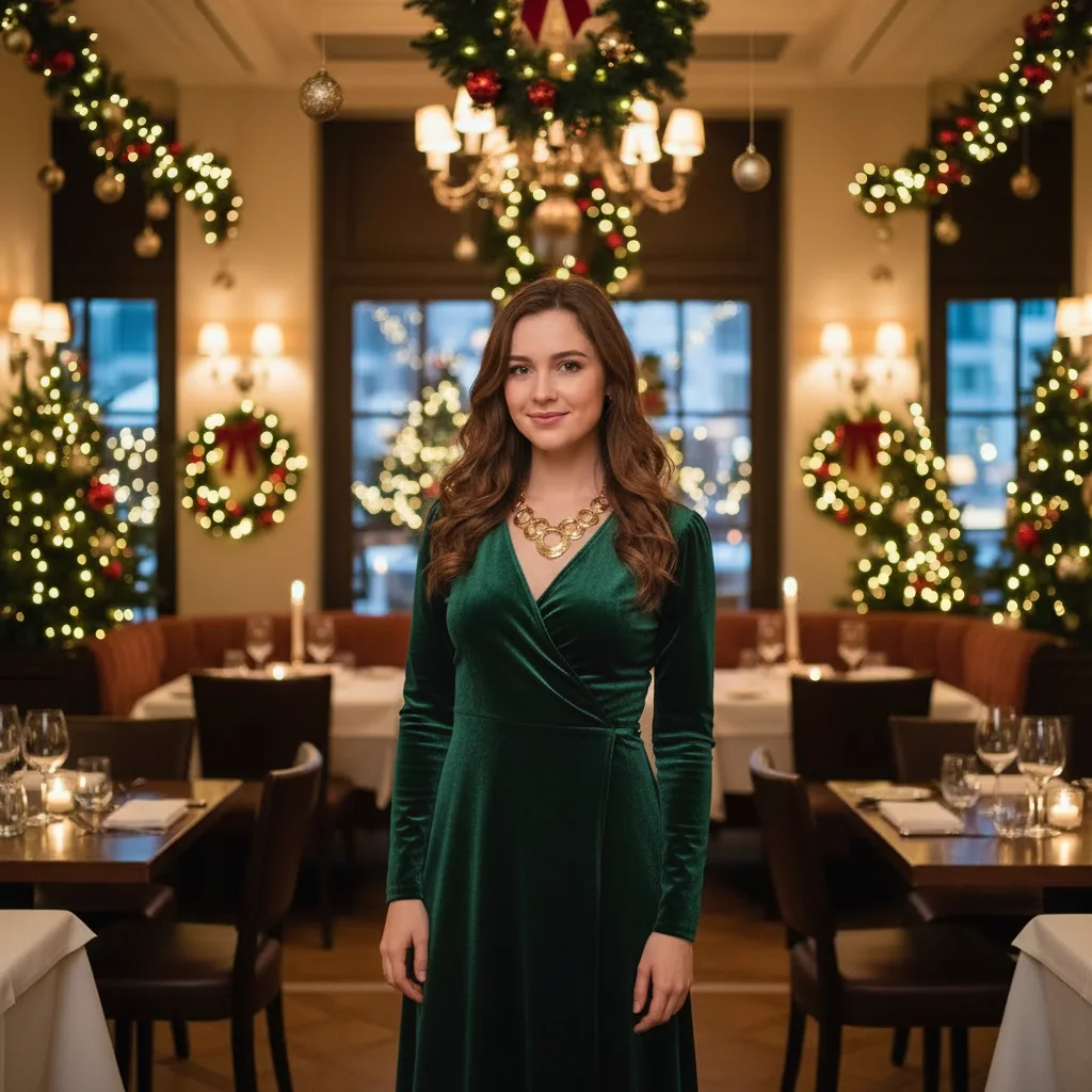 Same woman wearing an emerald velvet party dress transferred by Outfit Swap