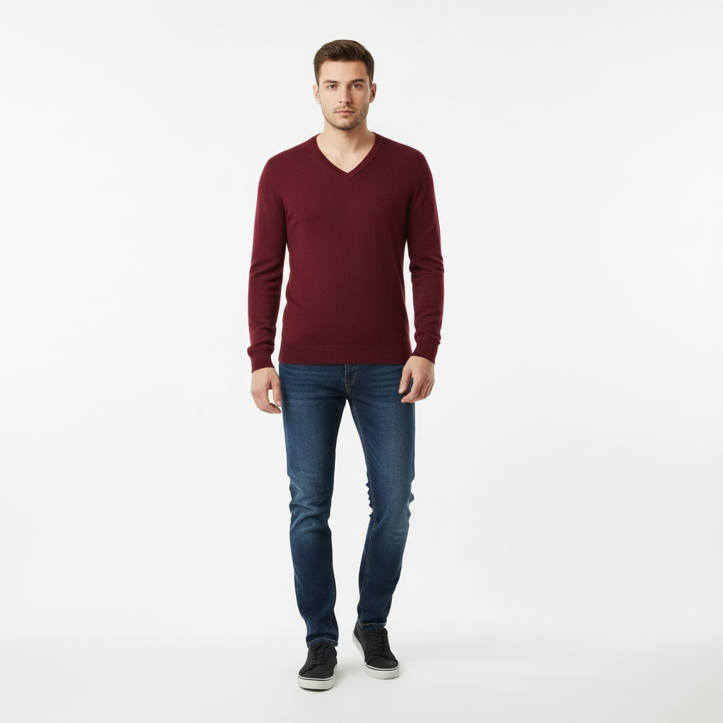 Same person in cozy sweater after AI clothes swap