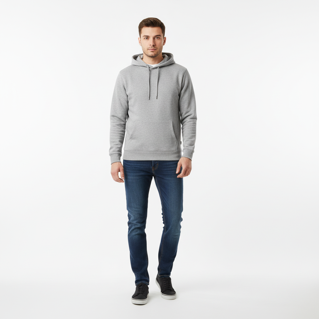 Person in hoodie before outfit transformation