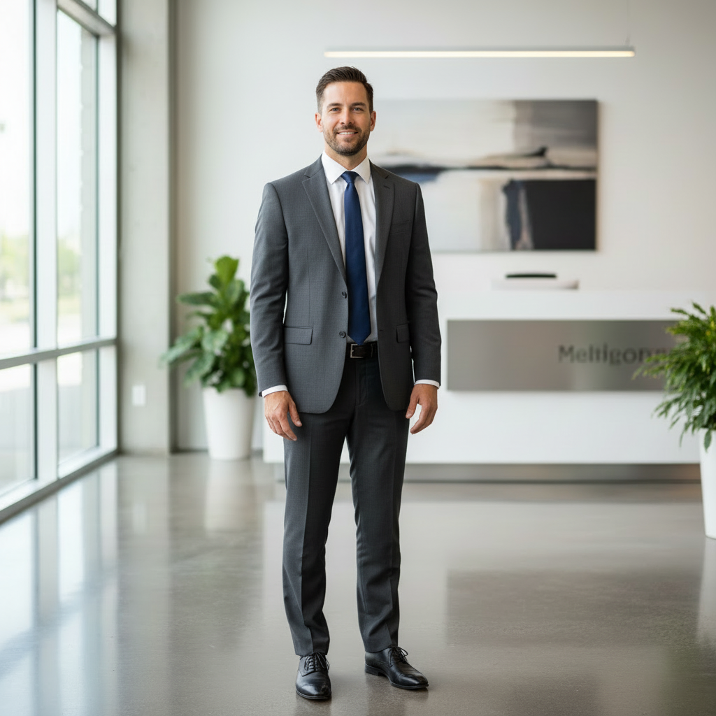 Same person in business suit after AI outfit swap