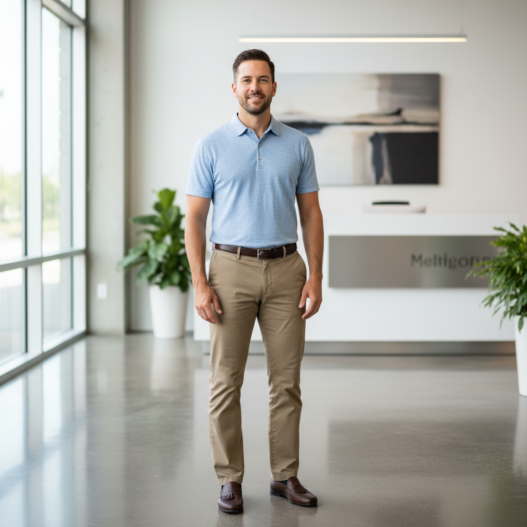 Person in casual clothes before professional transformation