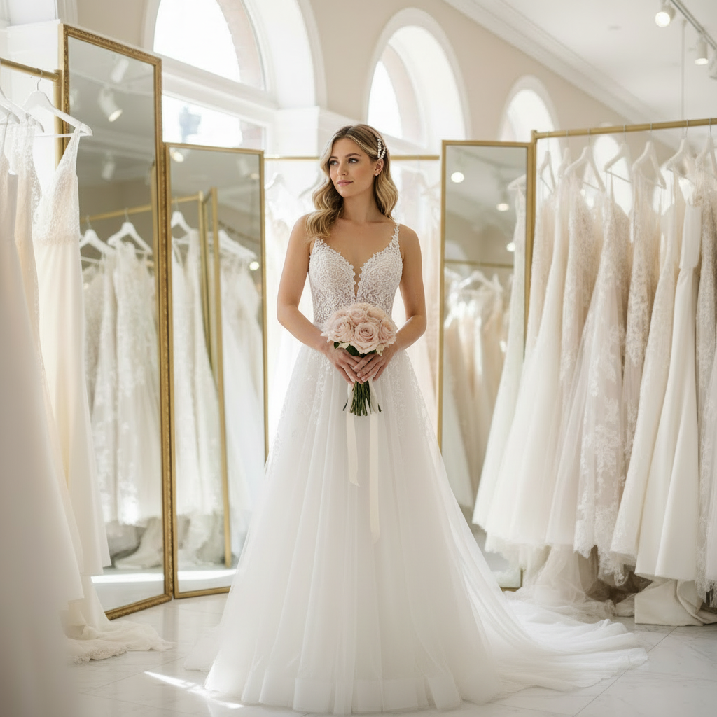 Same person wearing elegant wedding dress after AI transformation