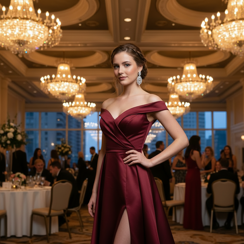 Same person in elegant evening gown after AI change