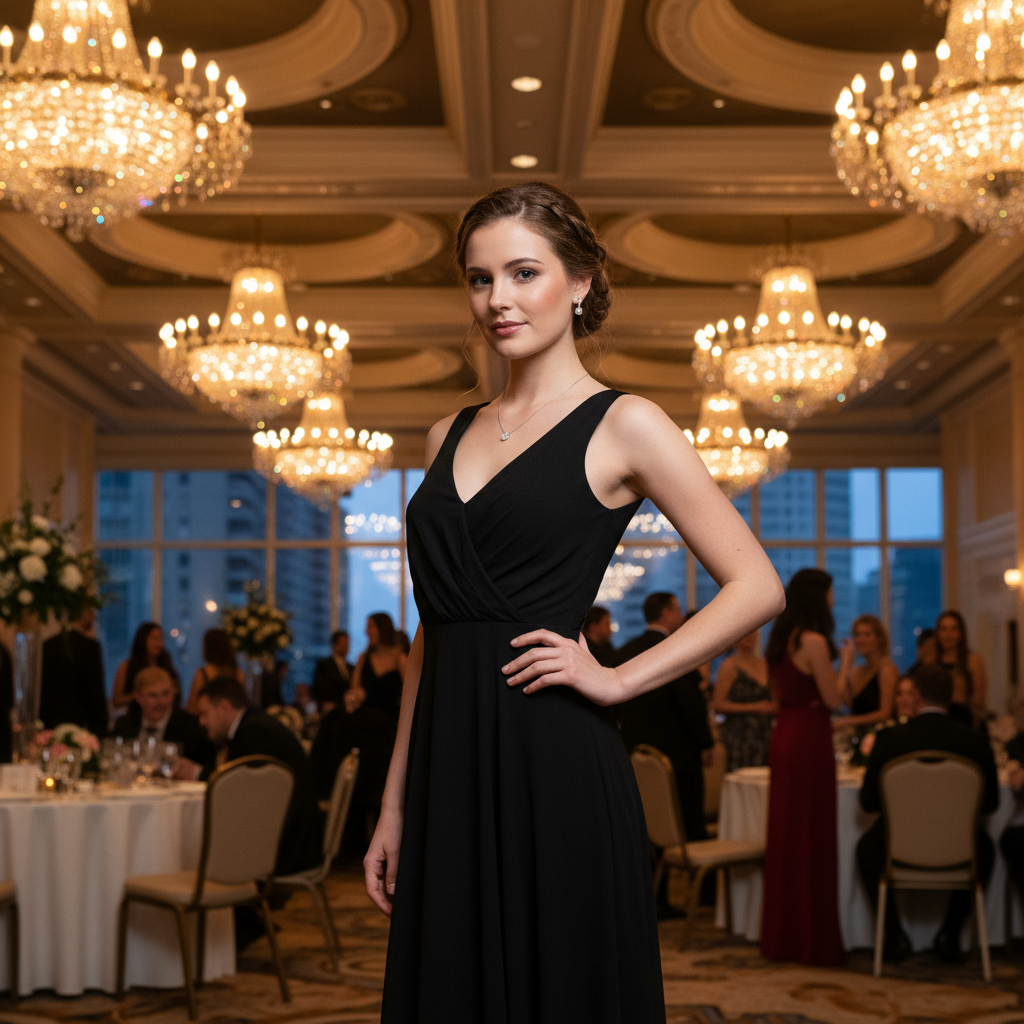 Person in cocktail dress before transformation