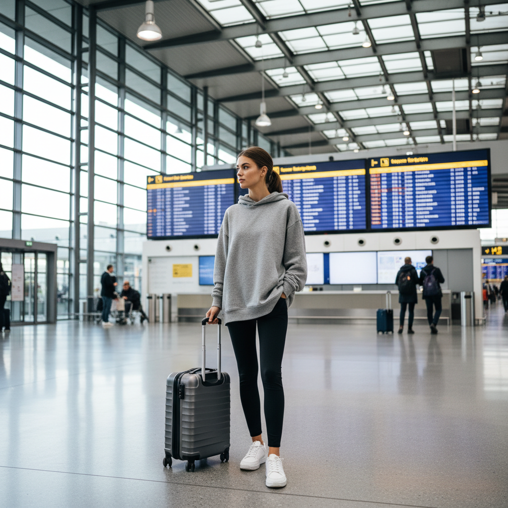 Person in casual travel outfit before transformation