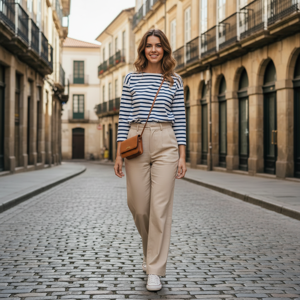 Same person in chic travel style after AI styling