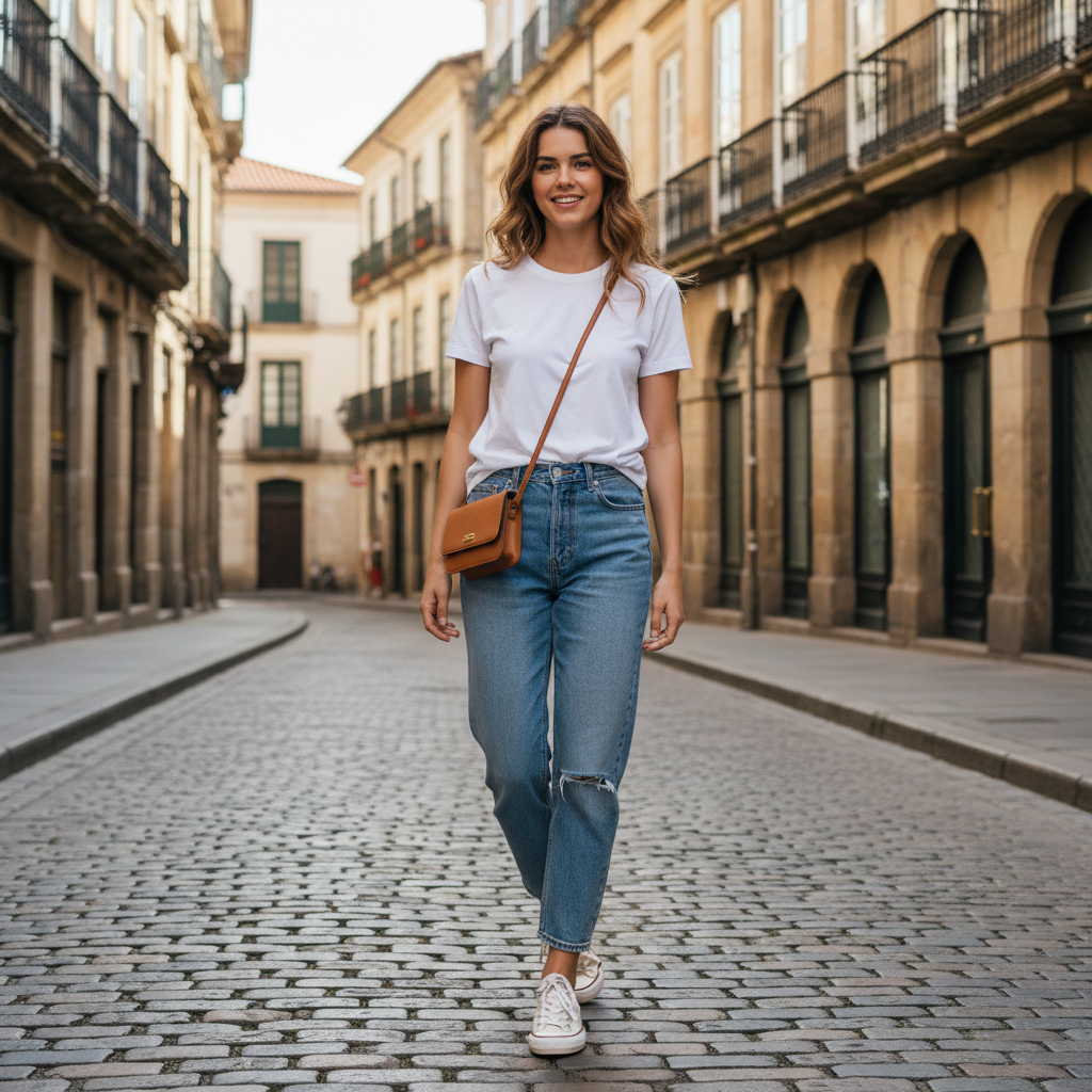Person in basic tourist outfit before transformation