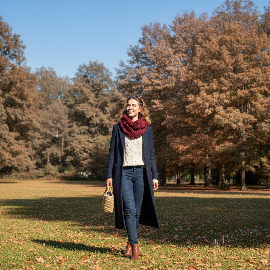 Same person in cozy winter outfit after AI clothes swap