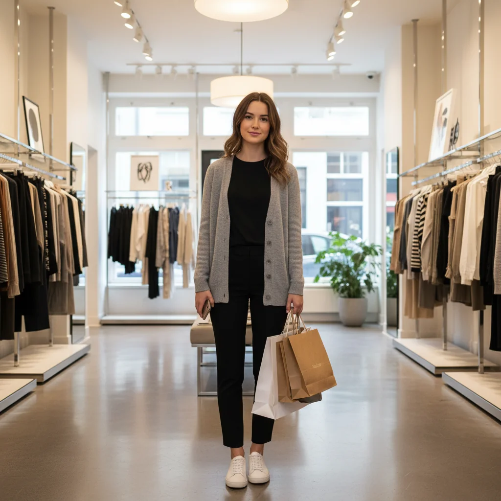 Woman holding shopping bags in a clothing store before Virtual Try-On preview
