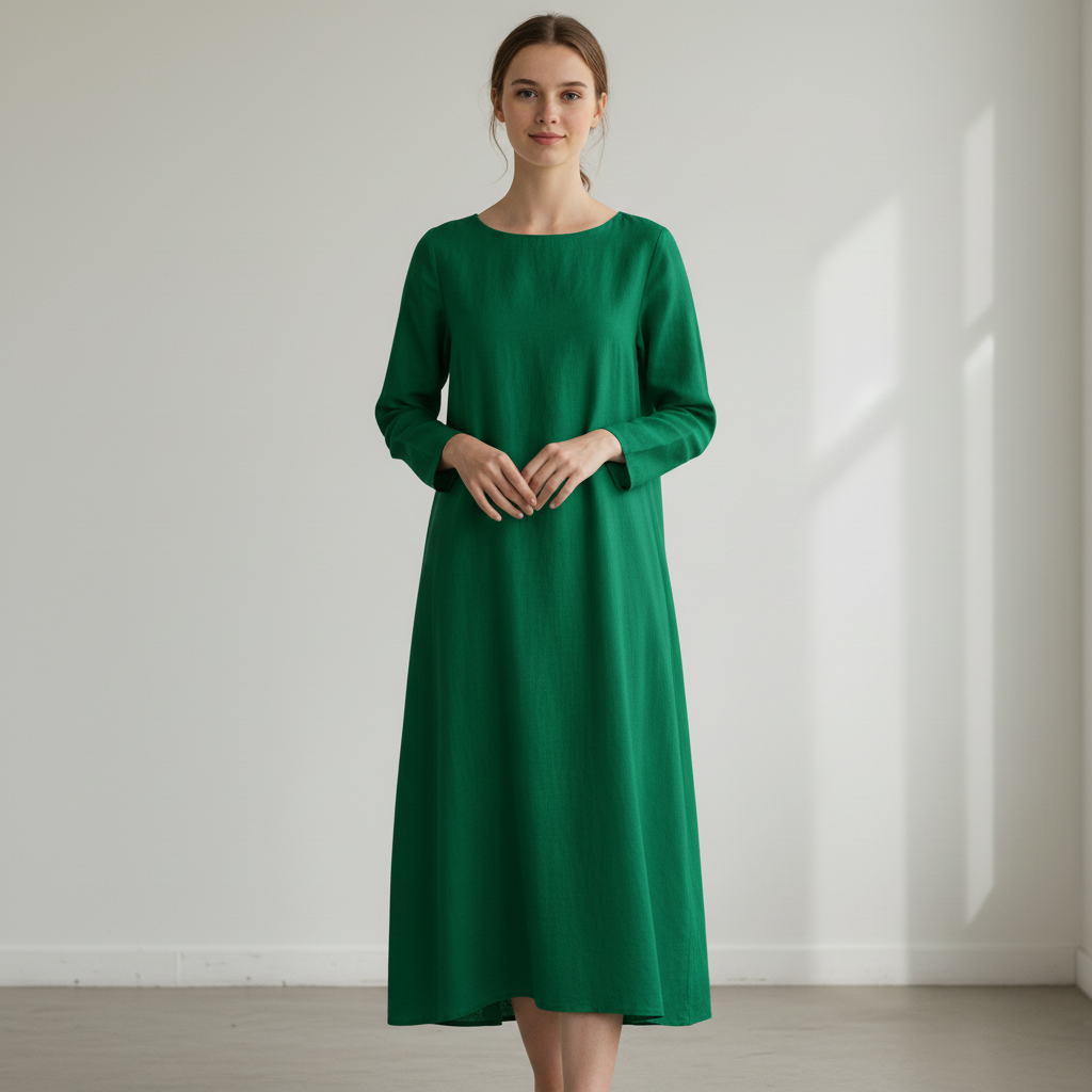 Same linen midi dress recolored to emerald green with AI Clothes Color Changer