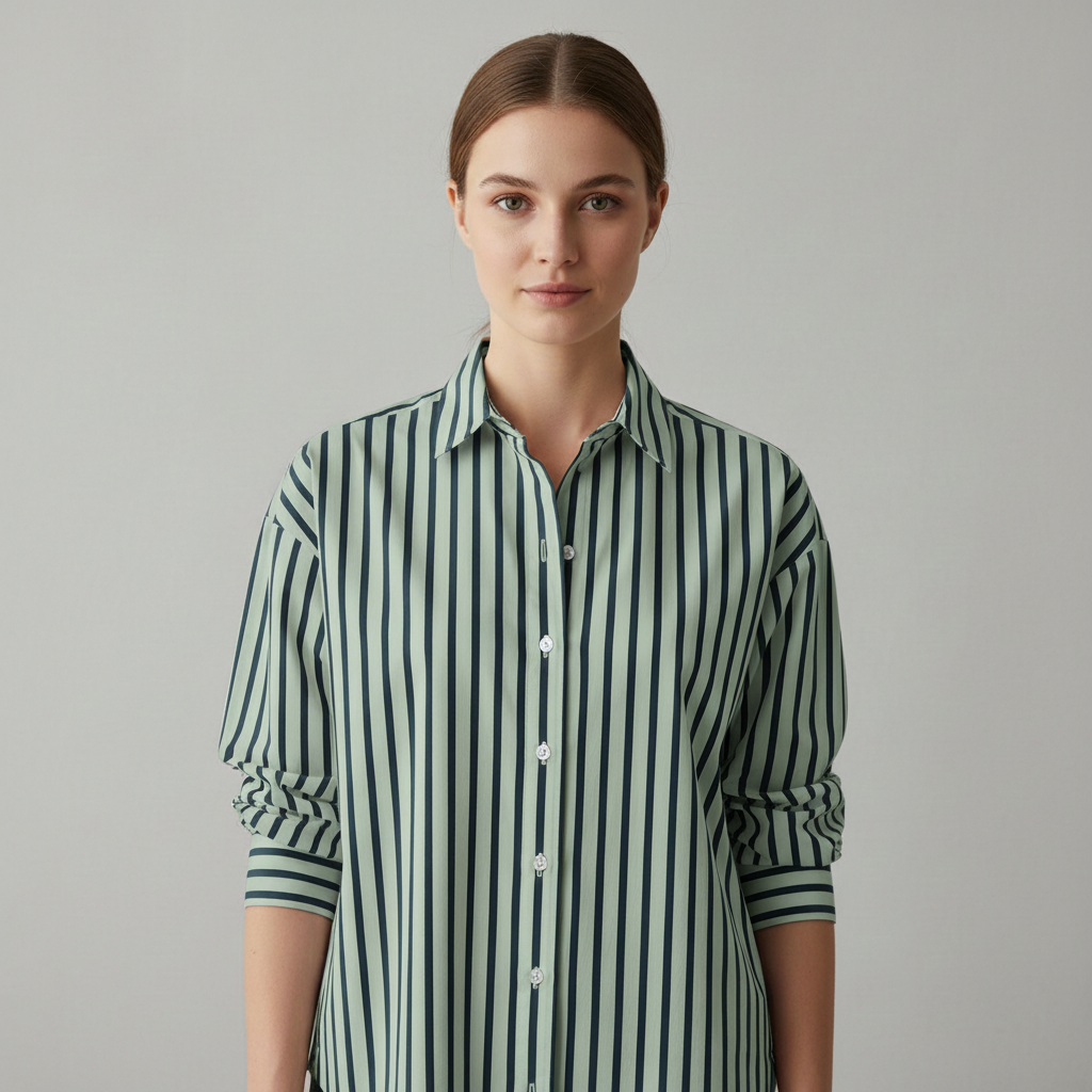 After changing striped shirt color in photo: the same striped shirt changed to sage while keeping the pattern