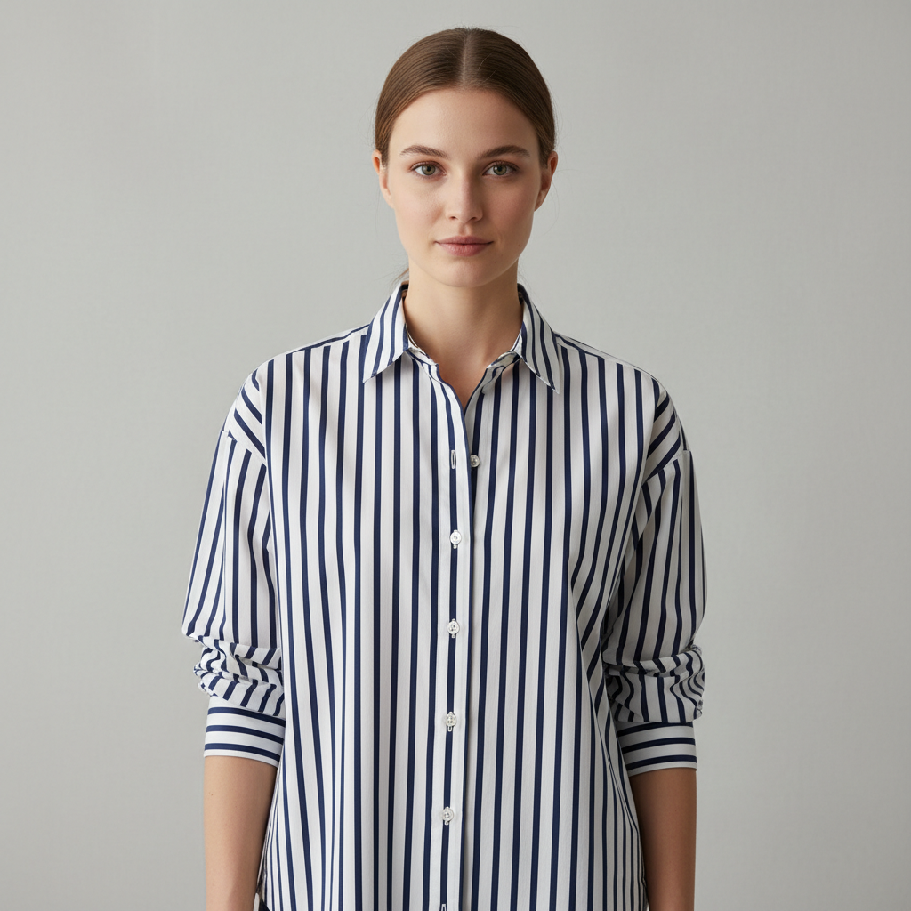 Before changing striped shirt color in photo: a white shirt with navy vertical stripes