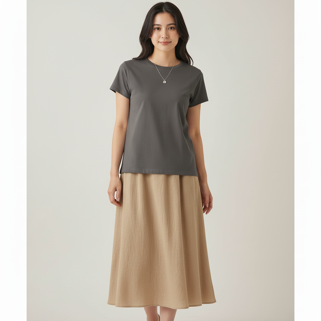 After changing two clothing items in one photo: the top changed to charcoal and the skirt changed to beige