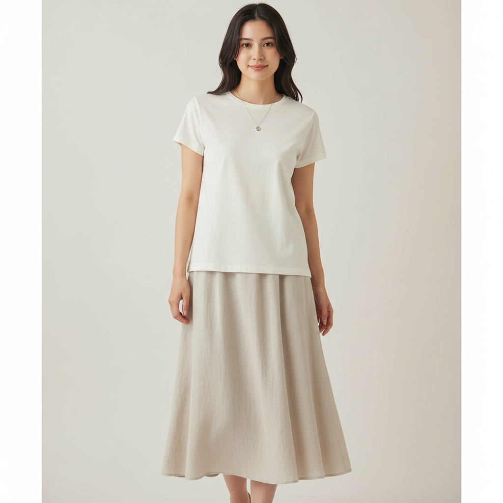 Before changing two clothing items in one photo: a white top with a light neutral skirt