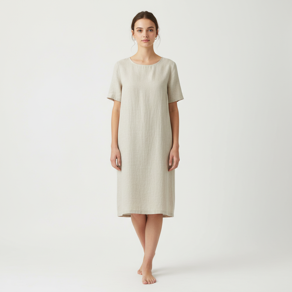 Before changing dress color in photo: a light neutral short-sleeve dress